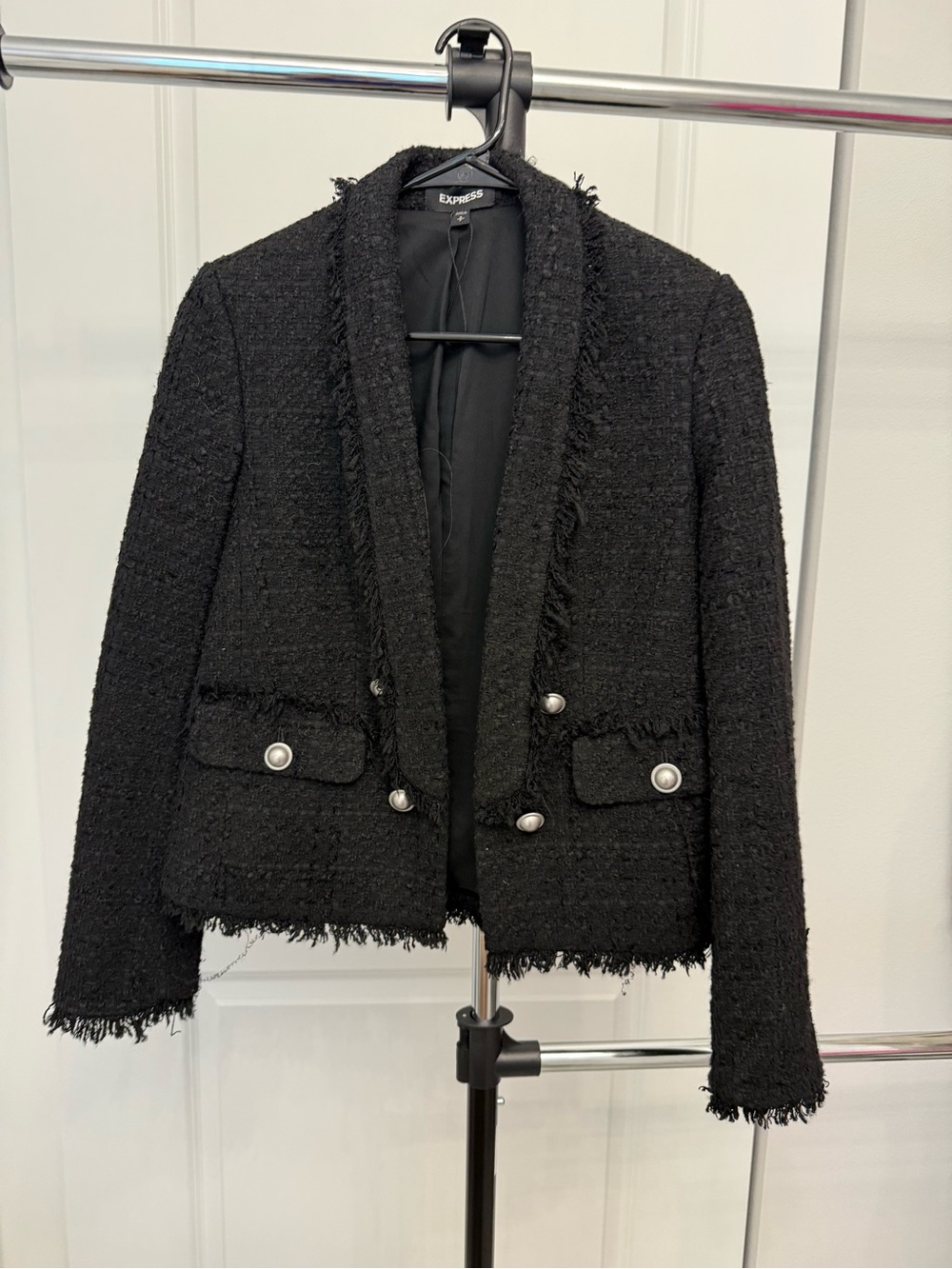 Express Black Tweed Frayed-Edge Pearl Button Blazer